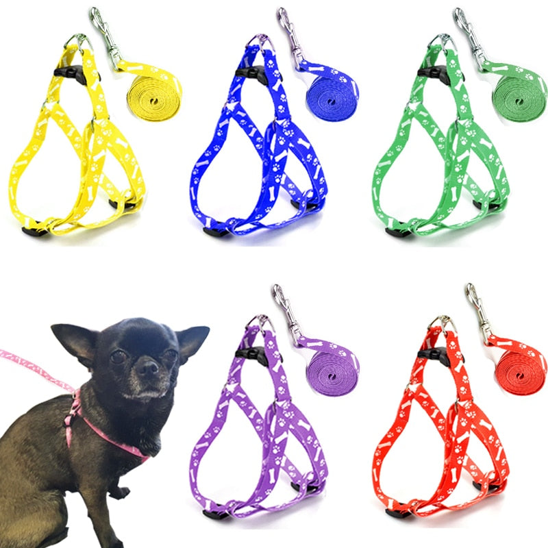 Pet Dog Bone Printing Harness and Leash Set Summer Chihuahua Fashion Harness for Small Dog Adjustable Walking Puppy Accessories