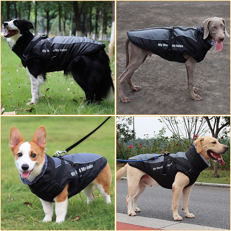 Waterproof Large Dog Clothes Winter Dog Coat With Harness Furry Collar Warm Pet Clothing Big Dog Jacket Labrador Bulldog Costume