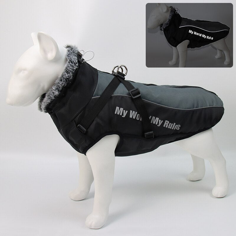 Waterproof Large Dog Clothes Winter Dog Coat With Harness Furry Collar Warm Pet Clothing Big Dog Jacket Labrador Bulldog Costume