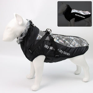 Waterproof Large Dog Clothes Winter Dog Coat With Harness Furry Collar Warm Pet Clothing Big Dog Jacket Labrador Bulldog Costume